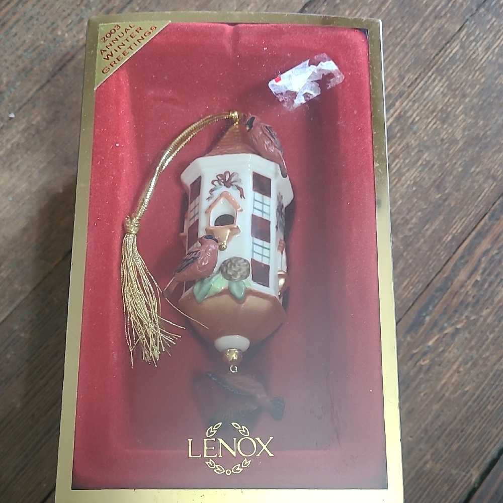 Lenox Birdhouse Ornament with Red and Gold Details
